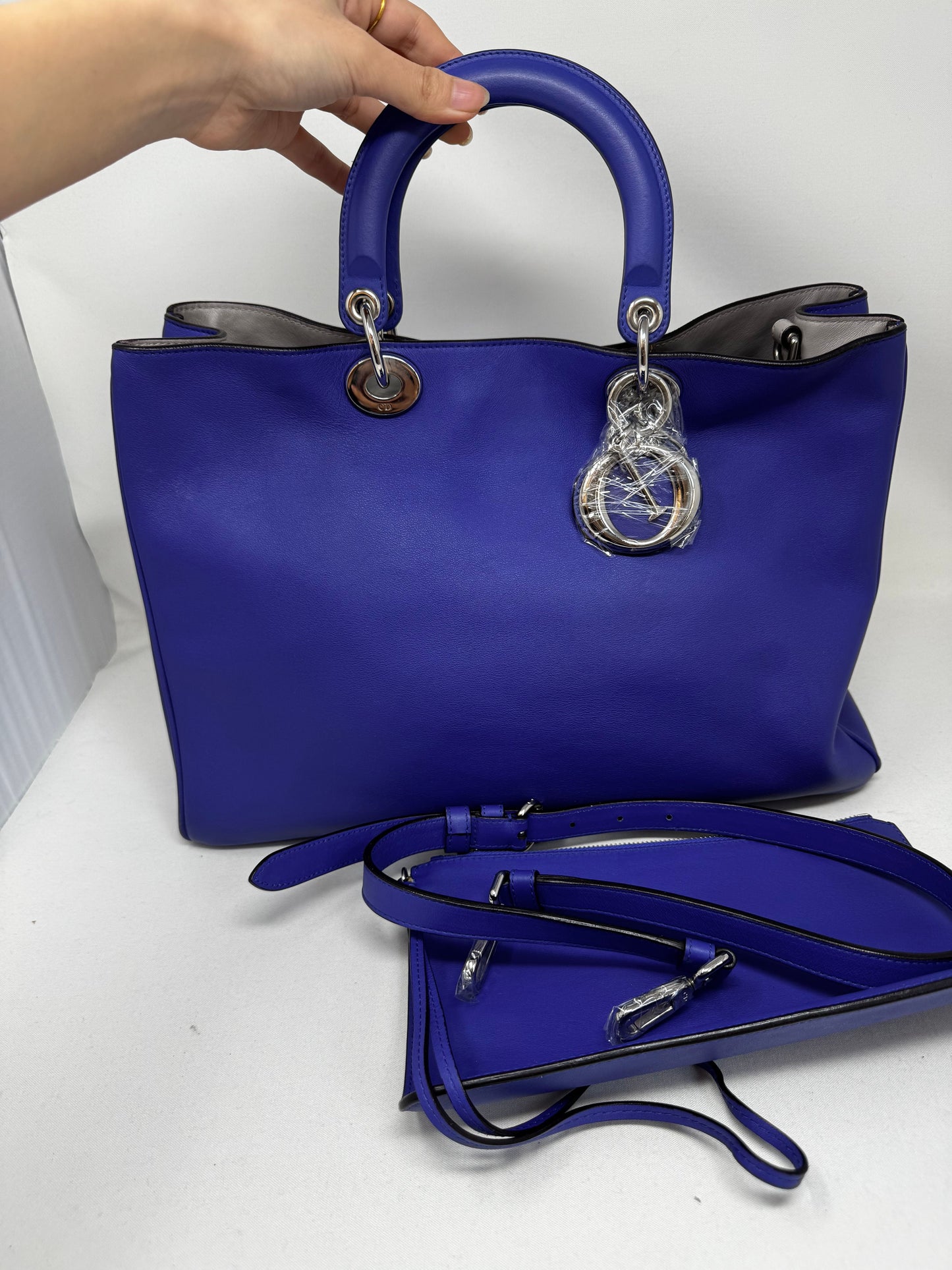 Christian Dior Dark Blue Satin-Finish Calfskin Leather Large Diorissimo Tote Bag Bj1-01