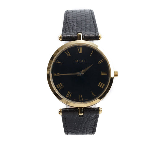 Gucci Vintage Gold Plated Stainless Steel Stack Stack 34 MM Quartz Watch Black Dial