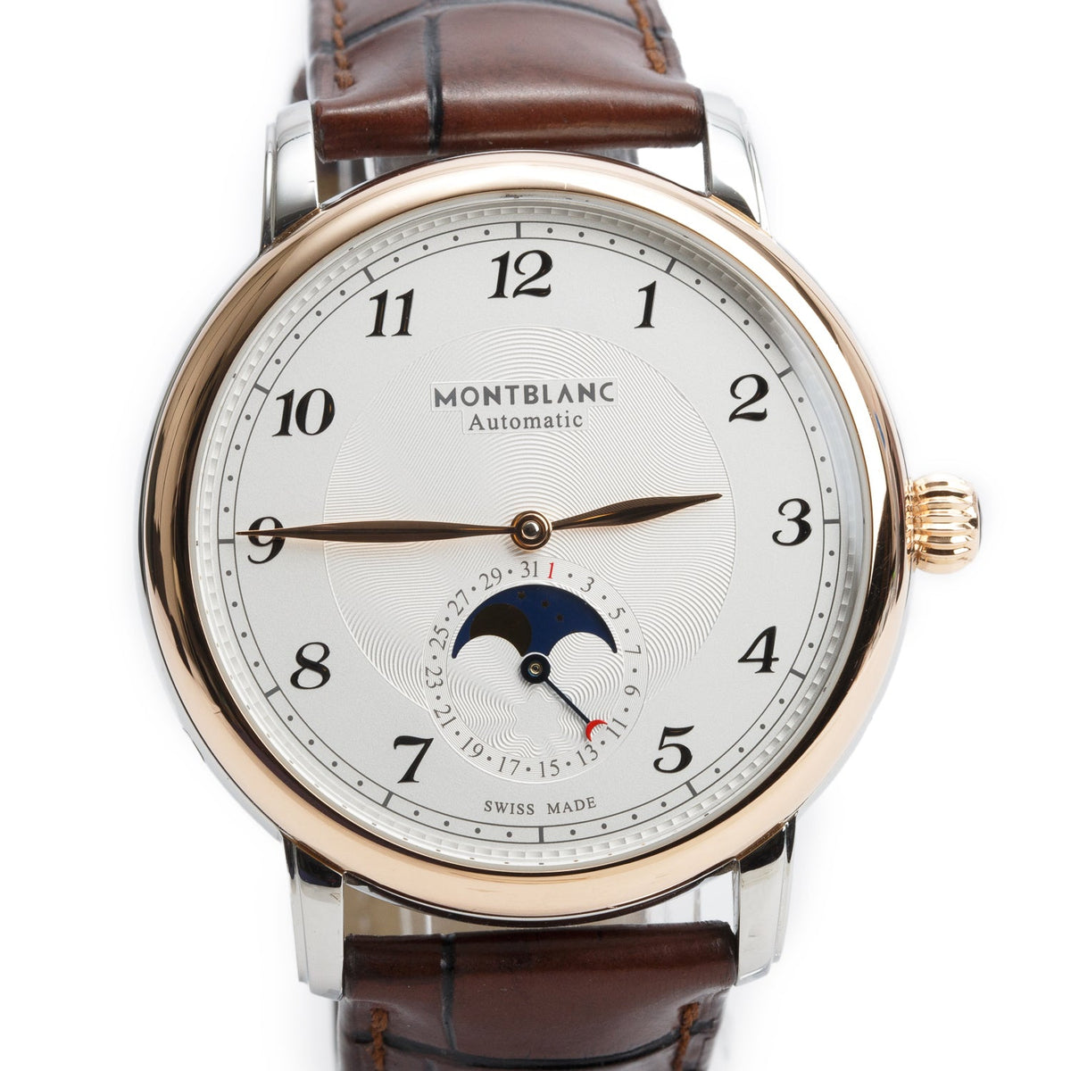 Montblanc 2025 Stainless Steel & 18k Rose Gold Star Legacy 42 MM Automatic Moonphase Watch Silver Guilloche Dial 117580 w/ Box
