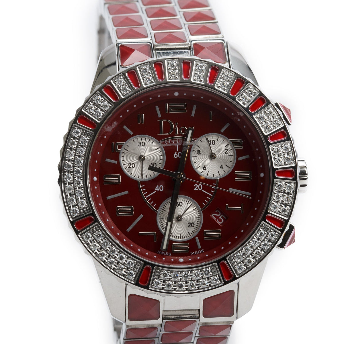 Christian Dior Stainless Steel Christal Diamond Bezel 38 MM Quartz Chronograph Watch Red Dial CD114311 w/ Papers & Extra Strap