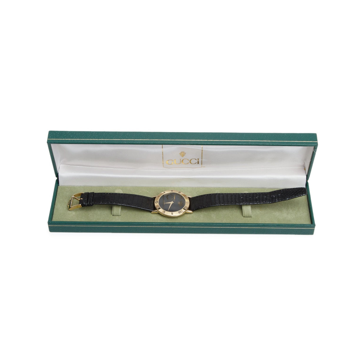Gucci Gold Plated Stainless Steel 3000 Series 33 MM Quartz Watch Black Dial w/ Box