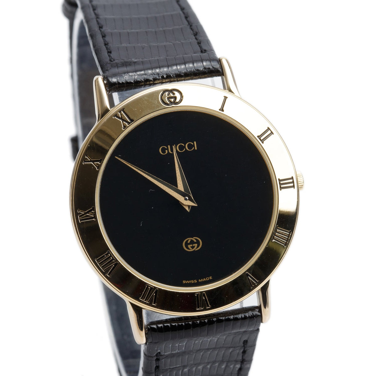 Gucci Gold Plated Stainless Steel 3000 Series 33 MM Quartz Watch Black Dial w/ Box
