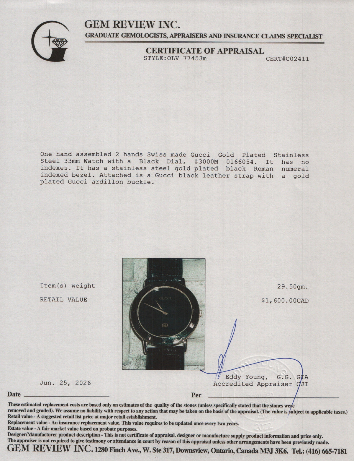 Gucci Gold Plated Stainless Steel 3000 Series 33 MM Quartz Watch Black Dial w/ Box