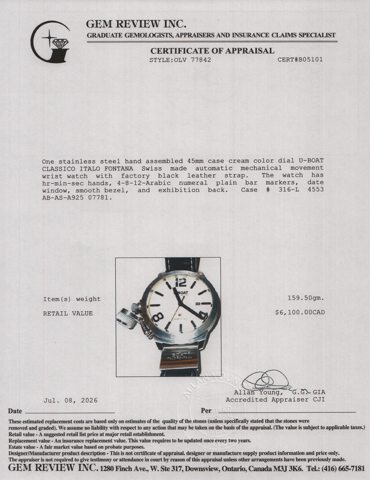 U-Boat Stainless Steel Classico Italo Fontana 45 MM Automatic Watch Creme Dial w/ Box, Papers & Extra Strap