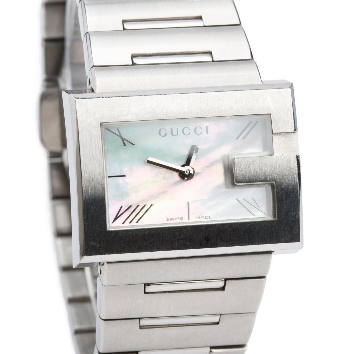 Gucci Stainless Steel Diamond Bezel 100L G-Rectangle Watch Mother of Pearl Dial