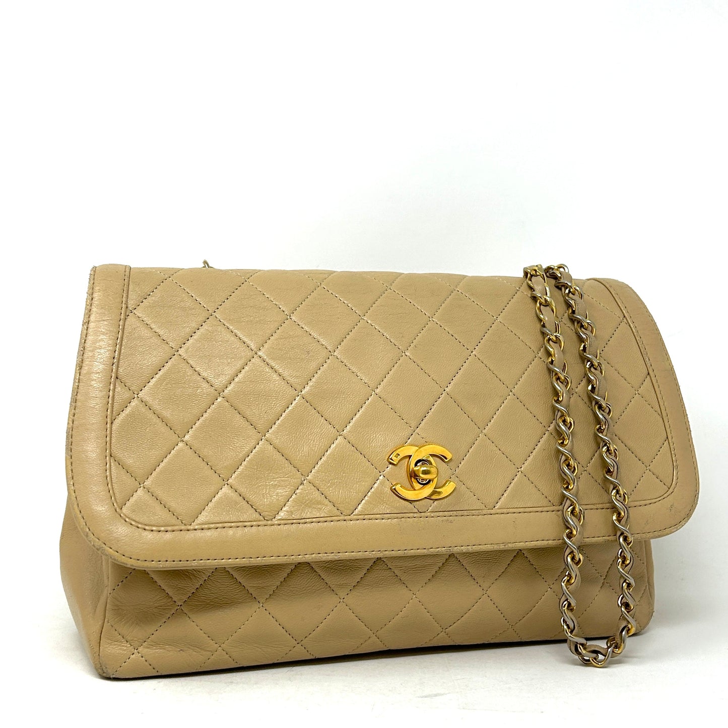 Chanel Beige Quilted Leather CC Logo Flap Shoulder Bag 24K Gold Plated -