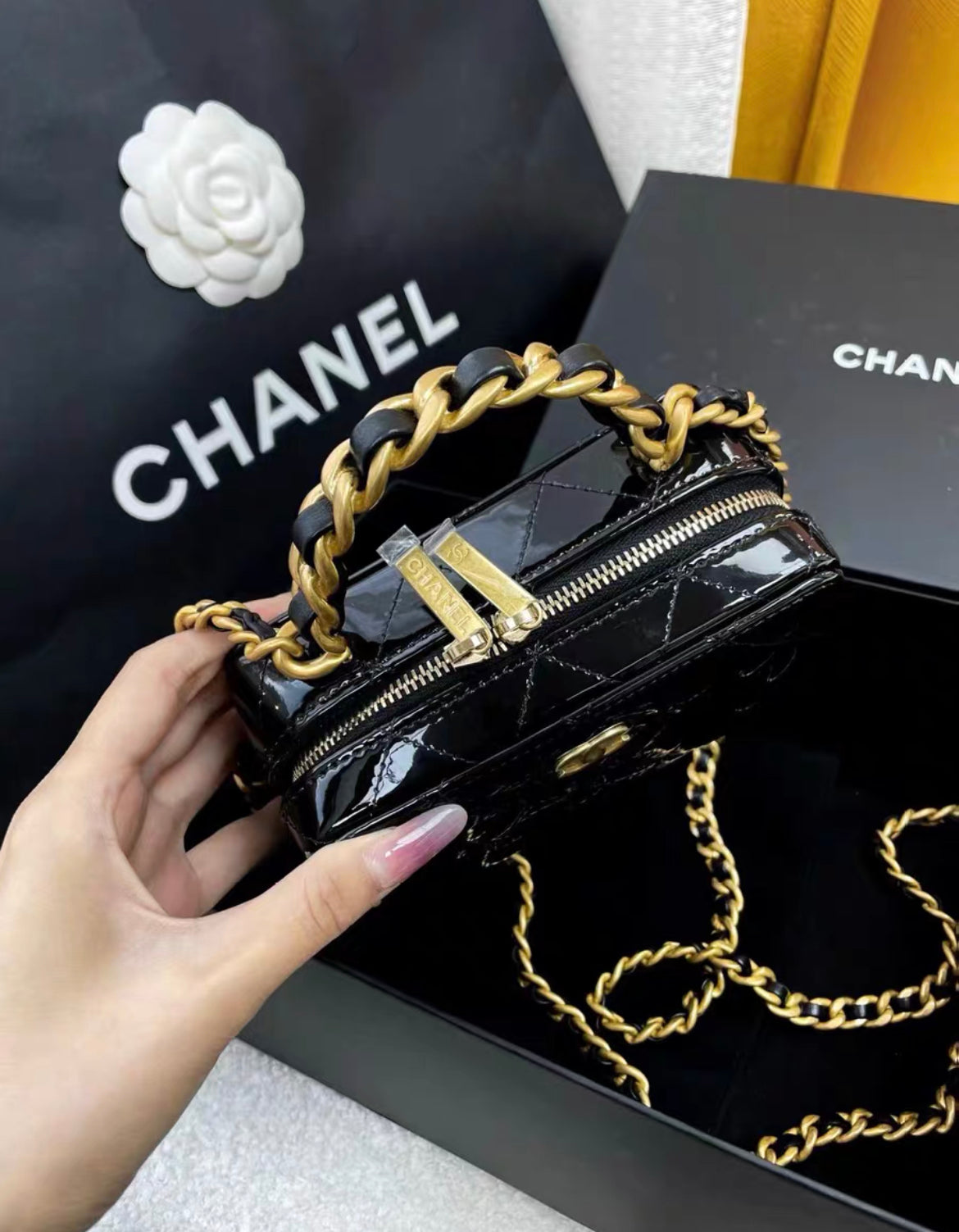 Chanel 22A Patent Black Leather Gold Chain Handle Vanity Case Mini Rectangular Bag Classic Top Handle