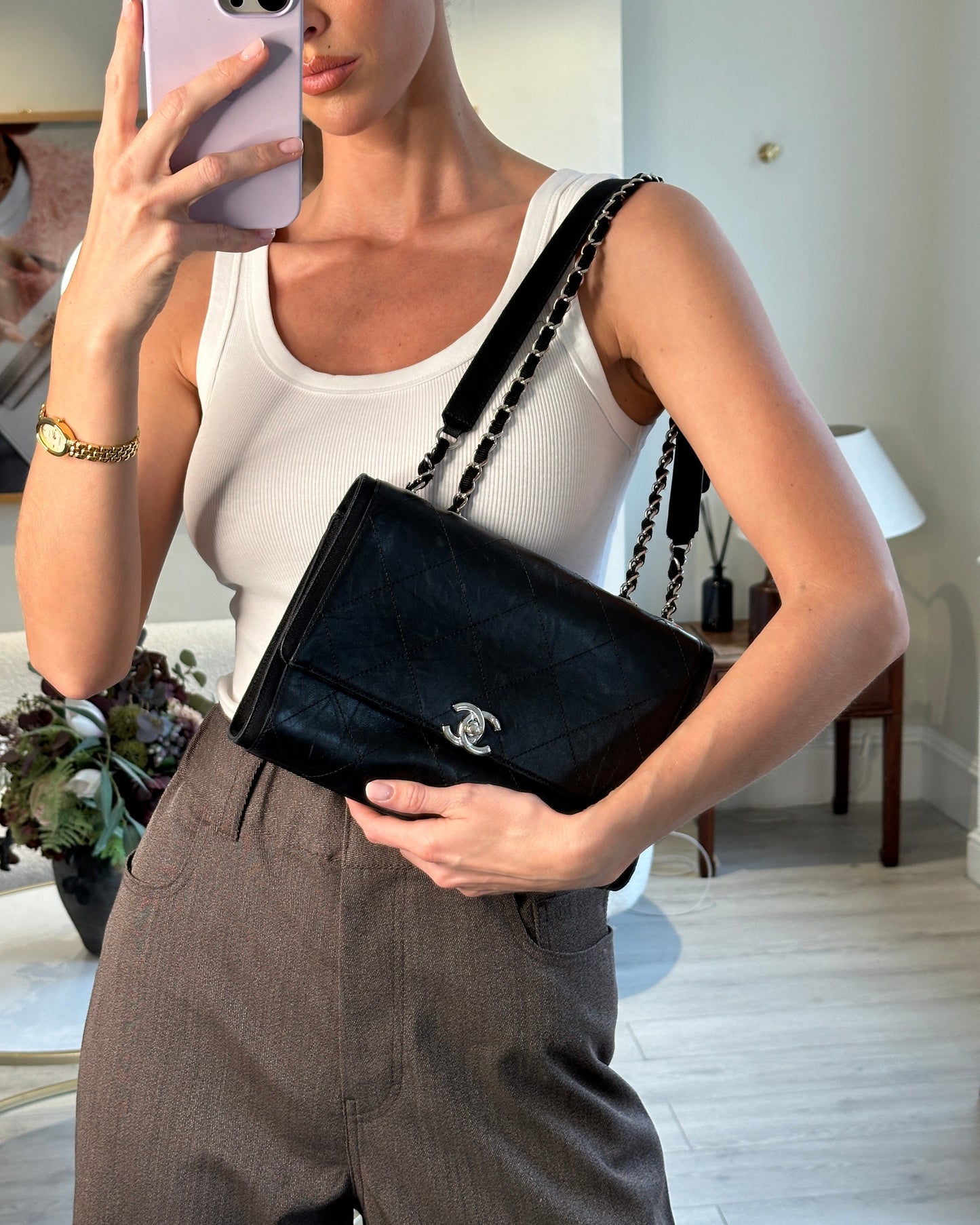 Chanel Flap Calfskin Leather Black Silver Shoulder Bag