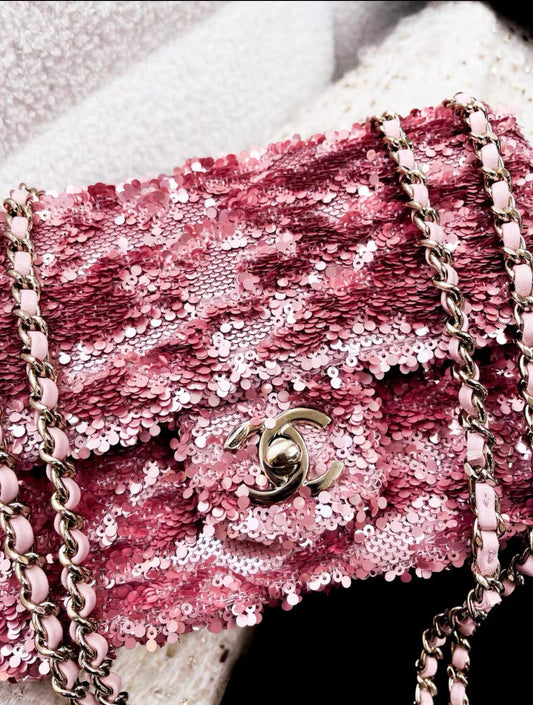 Chanel 23S Small Flap Bag Sequins Pink Gold Tone Metal
