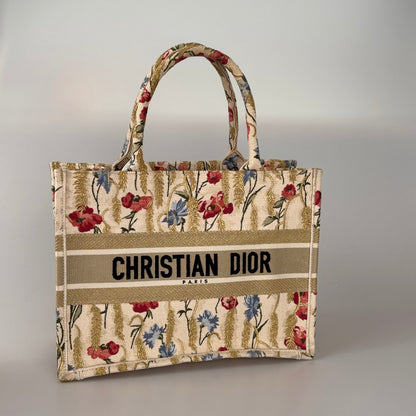 Christian Dior Beige Floral Embroidered Canvas Book Tote Medium