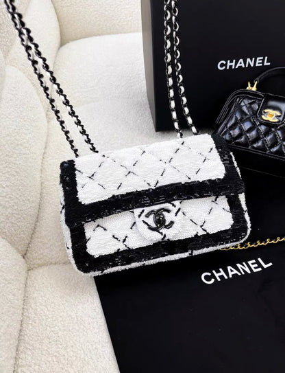 Chanel 24P Large Flap Bag Sequins Black Metal White Black