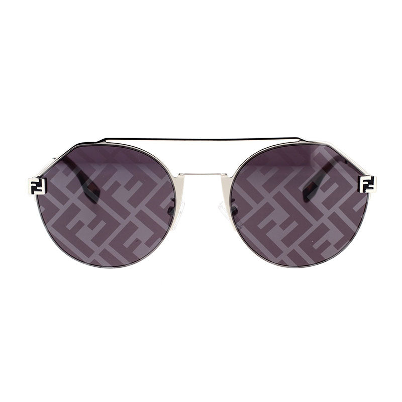 Fendi Sunglasses Round Full Rim, Silver Frame and Blue with FF Pattern Mirror Lens FE40060U16X