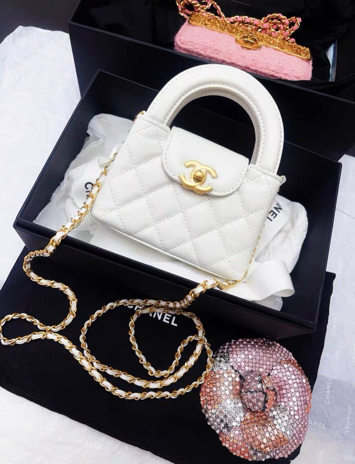 Chanel 24P Mini Nano Kelly White Quilted Calfskin Brushed Gold Hardware