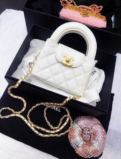 Chanel 24P Mini Nano Kelly White Quilted Calfskin Brushed Gold Hardware