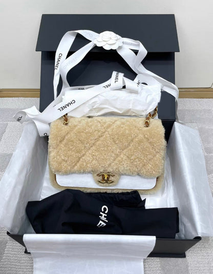 Chanel 24 Flap Bag Shearling Lambskin Gold-Tone Metal Beige Brown