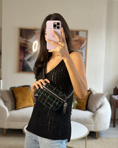 Chanel Tweed Black Silver Green Handbag