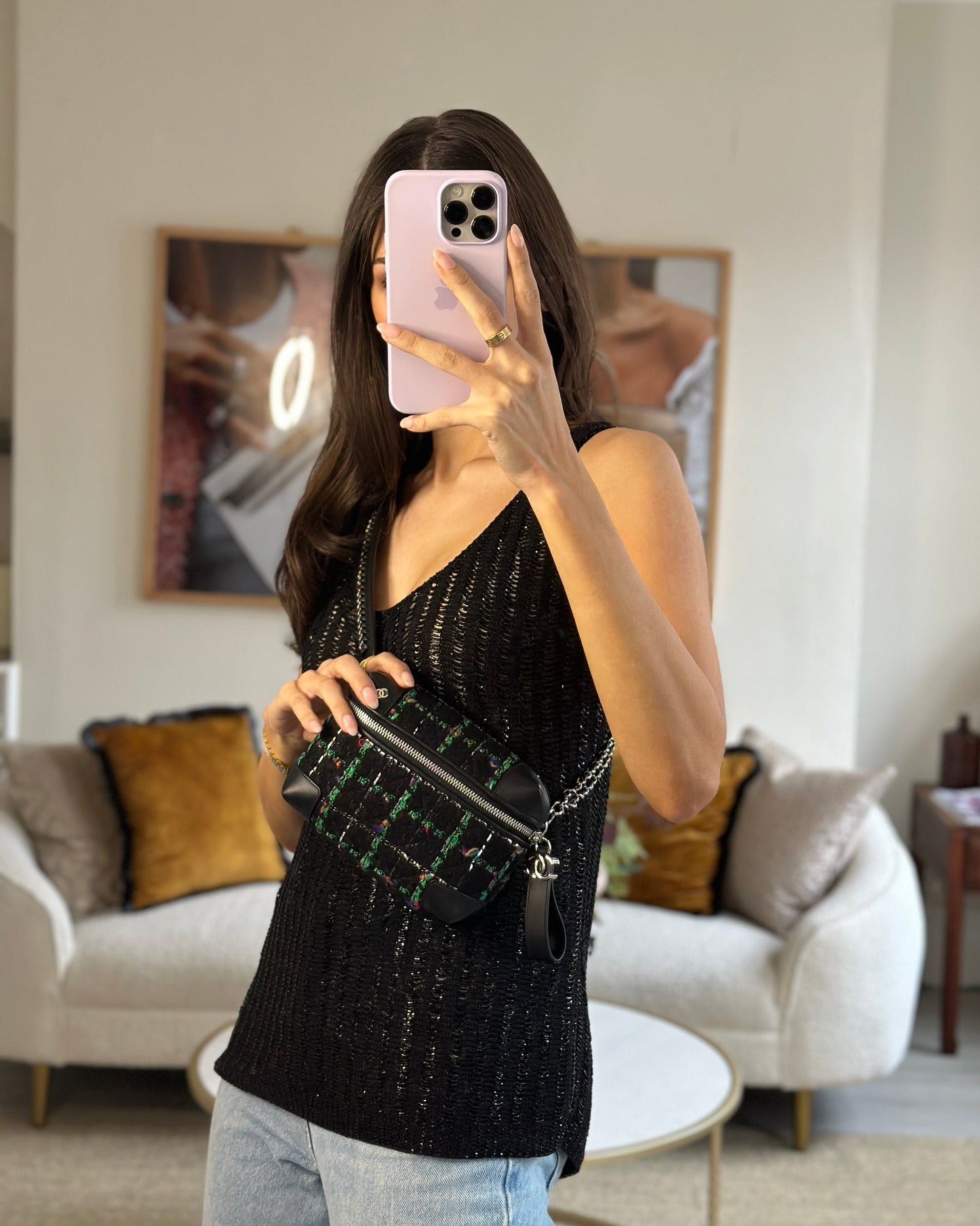 Chanel Tweed Black Silver Green Handbag Style
