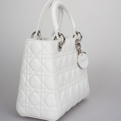 Christian Dior White Medium Lady Dior Bag In Cannage Lambskin Leather With Silver Hardware