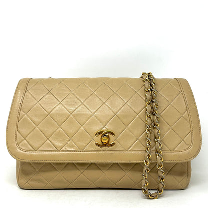 Chanel Beige Quilted Leather CC Logo Flap Shoulder Bag 24K Gold Plated -