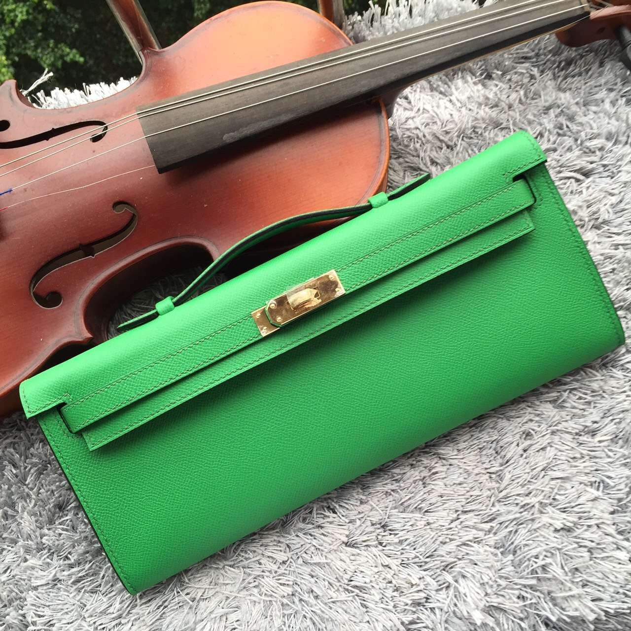 Luxury Hermes Bamboo Handcrafted Kelly Cut Clutch