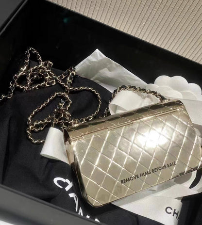 Chanel Quilted Hammered Metal Mini Classic Flap Evening Box Bag Gold Hardware 2022