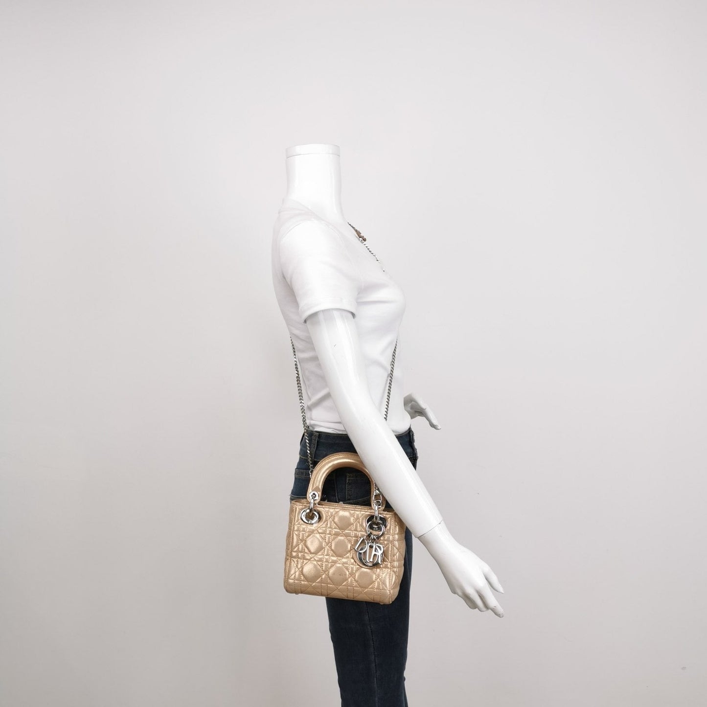 Lady Dior Mini Gold Textile Cannage handbag with strap