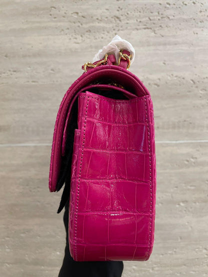 Chanel Medium Pink Crocodile Alligator Flap Bag Gold Hardware