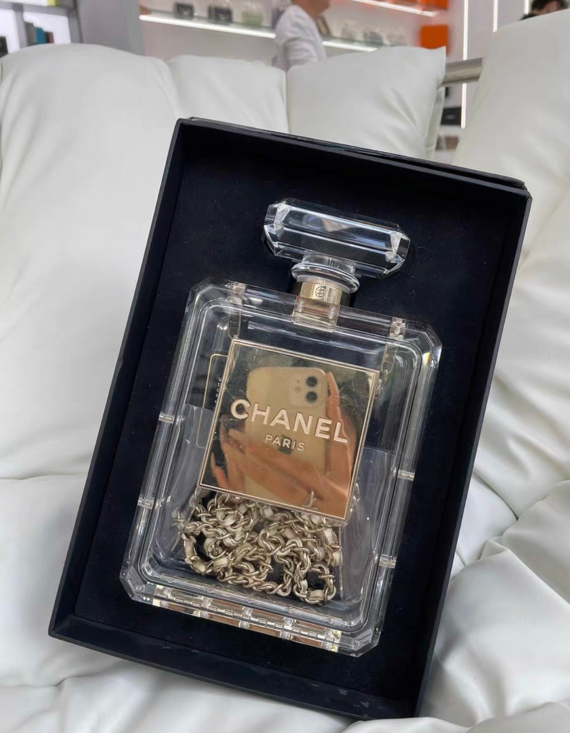 Chanel Minaudiere No 5 Perfume Clutch Transparent Plexiglass Light Gold Hardware