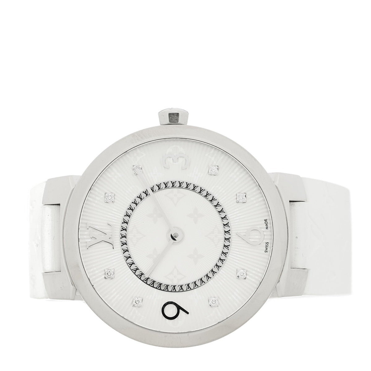 Stainless Steel Rubber Diamond 33mm Tambour Slim Quartz Watch White