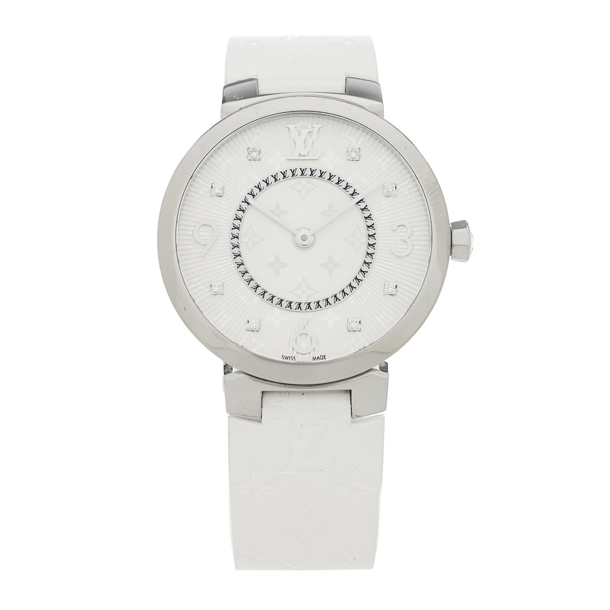 Stainless Steel Rubber Diamond 33mm Tambour Slim Quartz Watch White