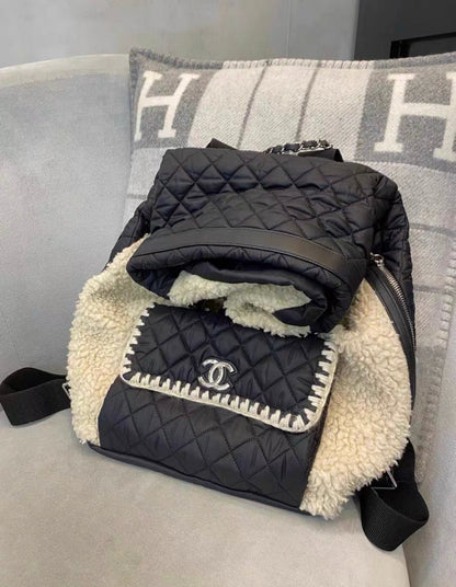 Chanel Coco Neige Front Pocket Backpack Shearling With Quilted Nylon