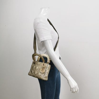 Lady Dior Mini Supple Calfskin Leather Gold Cannage Handbag with Strap
