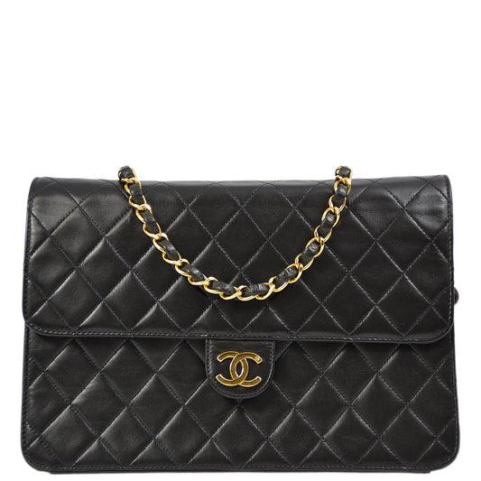Chanel Black Lambskin Pushlock Medium Half Flap Shoulder Bag
