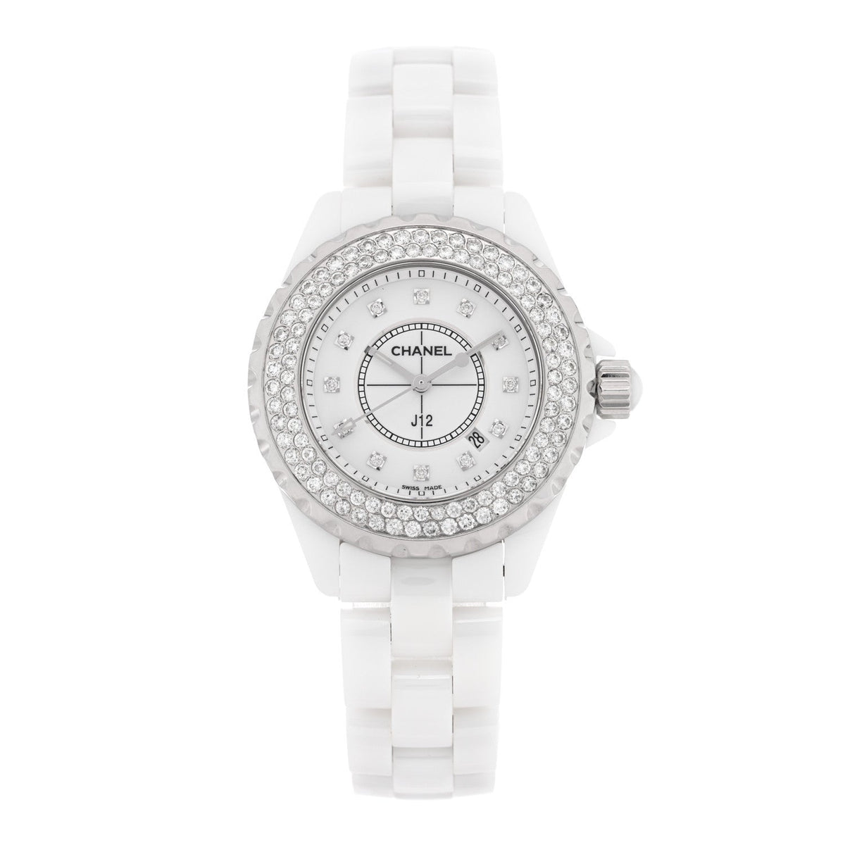 Stainless Steel Ceramic Diamond Pave Bezel 33mm J12 Quartz Watch White