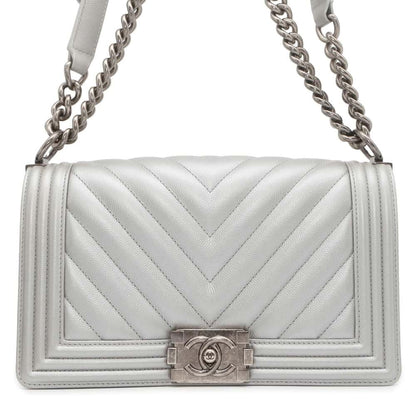 Chanel Boy Chanel Chevron ChainShoulder Bag Silver A67086 Caviar Leather Size 25
