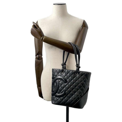 Chanel Cambon Line Handbag Black A25167 Leather Size Medium