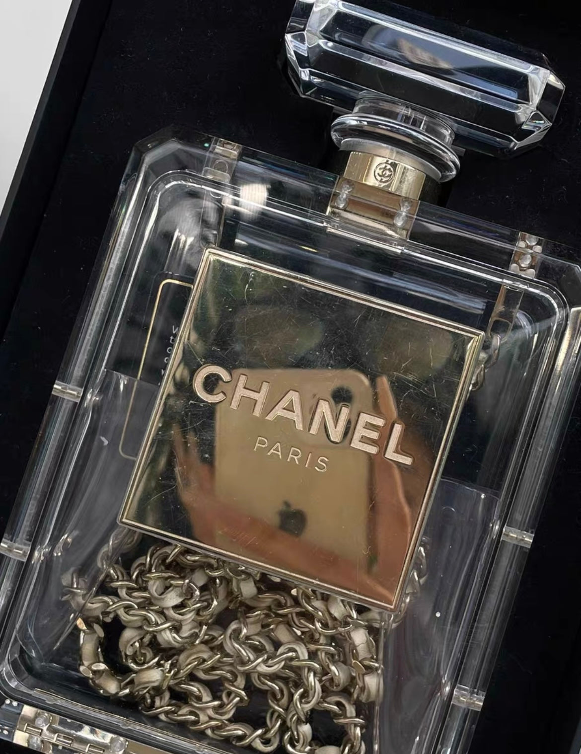 Chanel Minaudiere No 5 Perfume Clutch Transparent Plexiglass Light Gold Hardware
