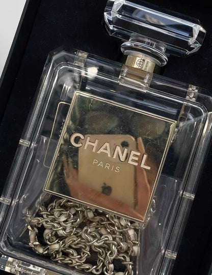 Chanel Minaudiere No 5 Perfume Clutch Transparent Plexiglass Light Gold Hardware