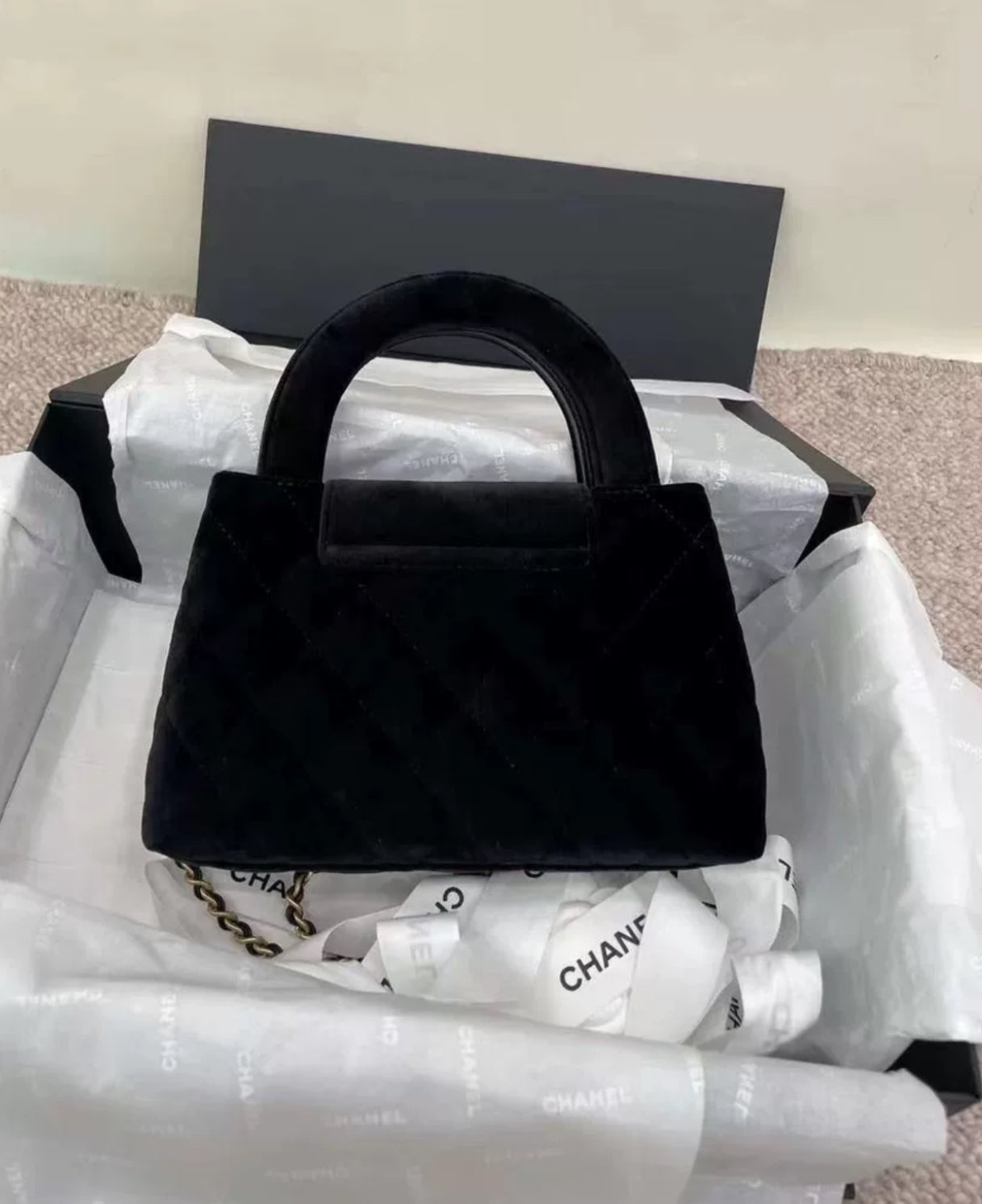 Chanel Kelly Black Velvet Brushed Gold Hardware Large Size