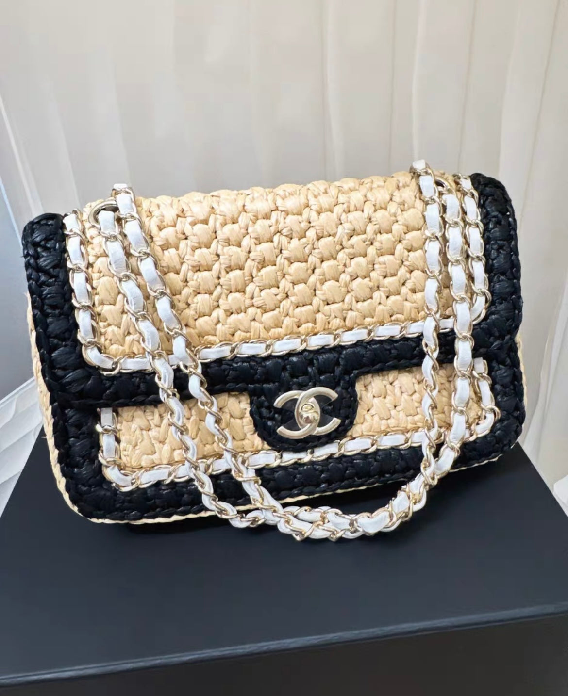 Chanel 24C Flap Bag In Black Raffia With Braided Chain
