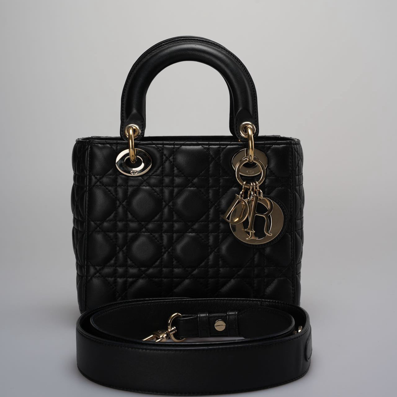 Christian Dior Black Small Lady Dior Bag In Cannage Lambskin Leather With Gold Hardware