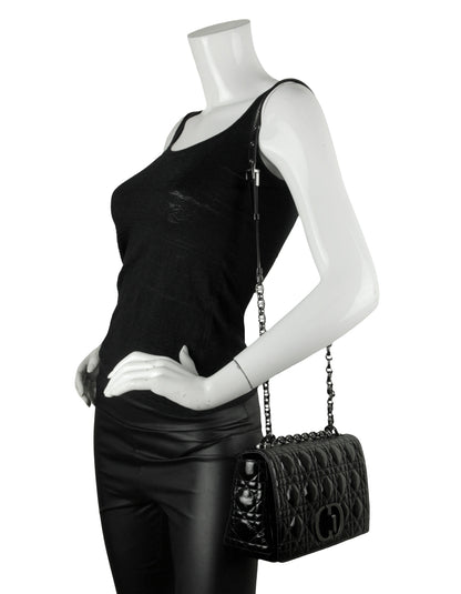 Christian Dior Black Patent Leather Cannage Medium Caro Bag
