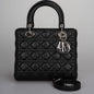 Christian Dior Black Medium Lady Dior Bag In Cannage Lambskin Leather With Silver Hardware