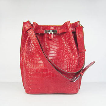 Luxury Hermes Crocodile Vein Shoulder Bag Red Silver