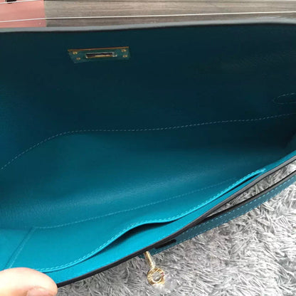 Luxury Hermes Turquoise Handcrafted Kelly Cut Clutch