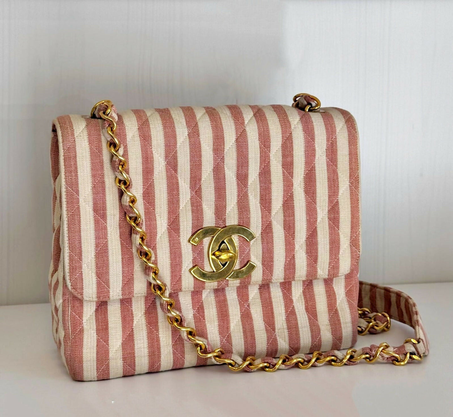 Chanel 1994-1996 White And Pink Striped Large Flap Bag