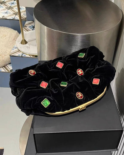 Chanel 2022 Black Velvet Green And Red Gripoix Embellished Cc Pouch Bag Gold Hardware