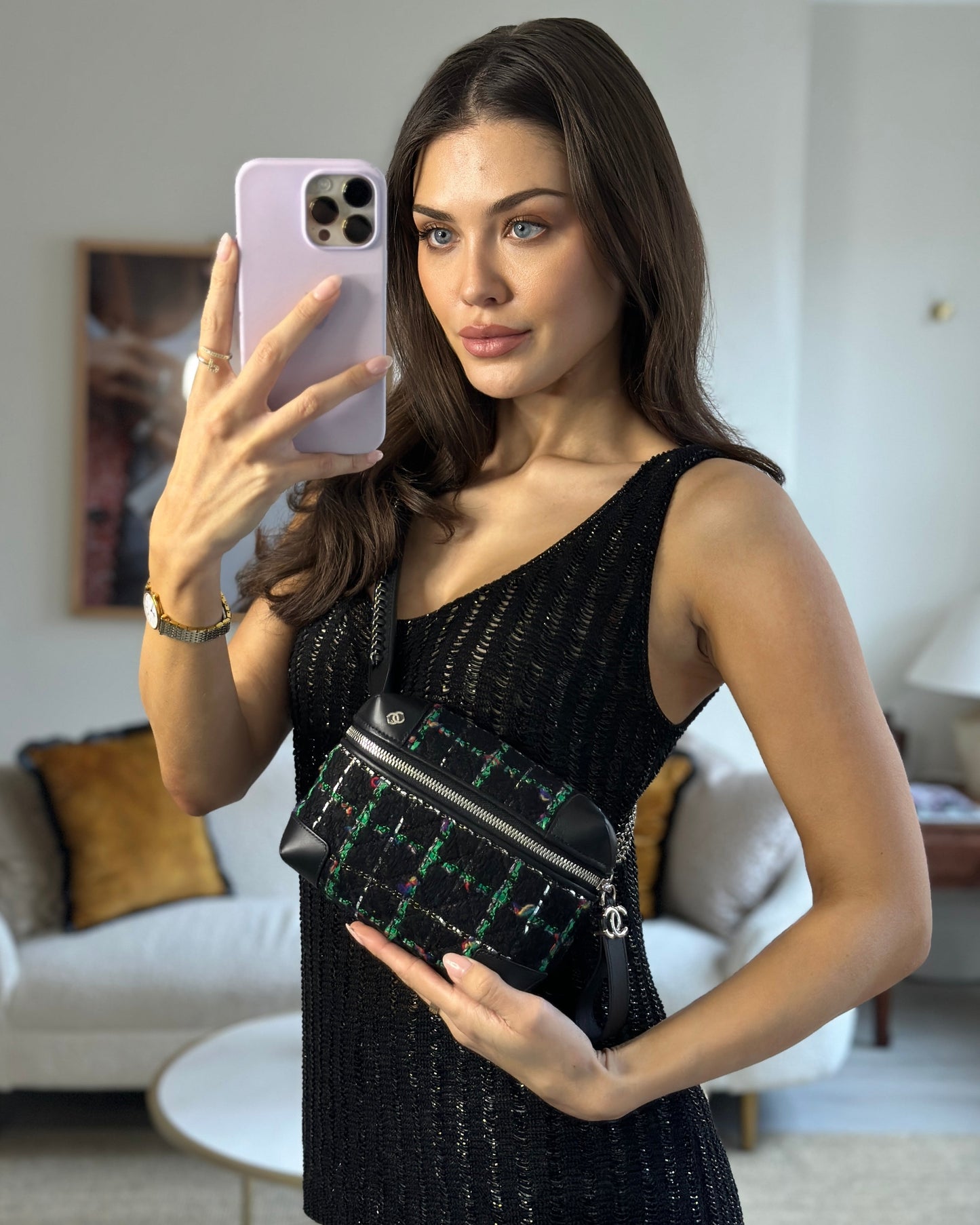Chanel Tweed Black Silver Green Handbag