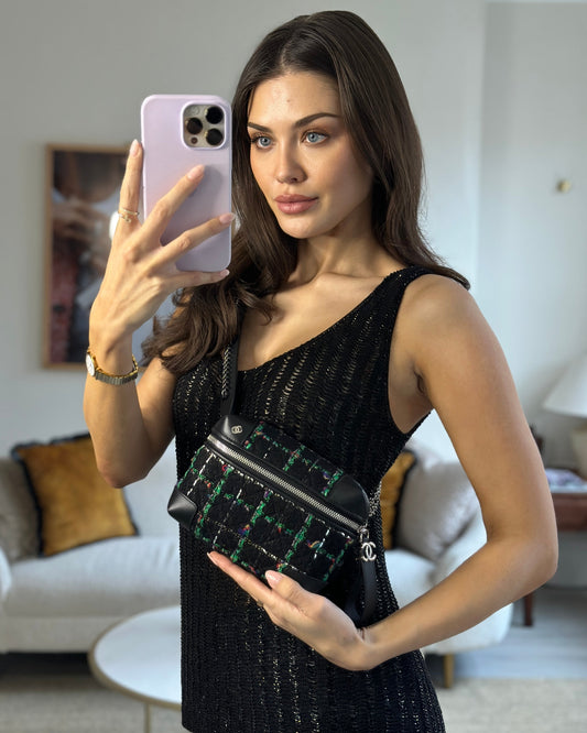 Chanel Tweed Black Silver Green Handbag