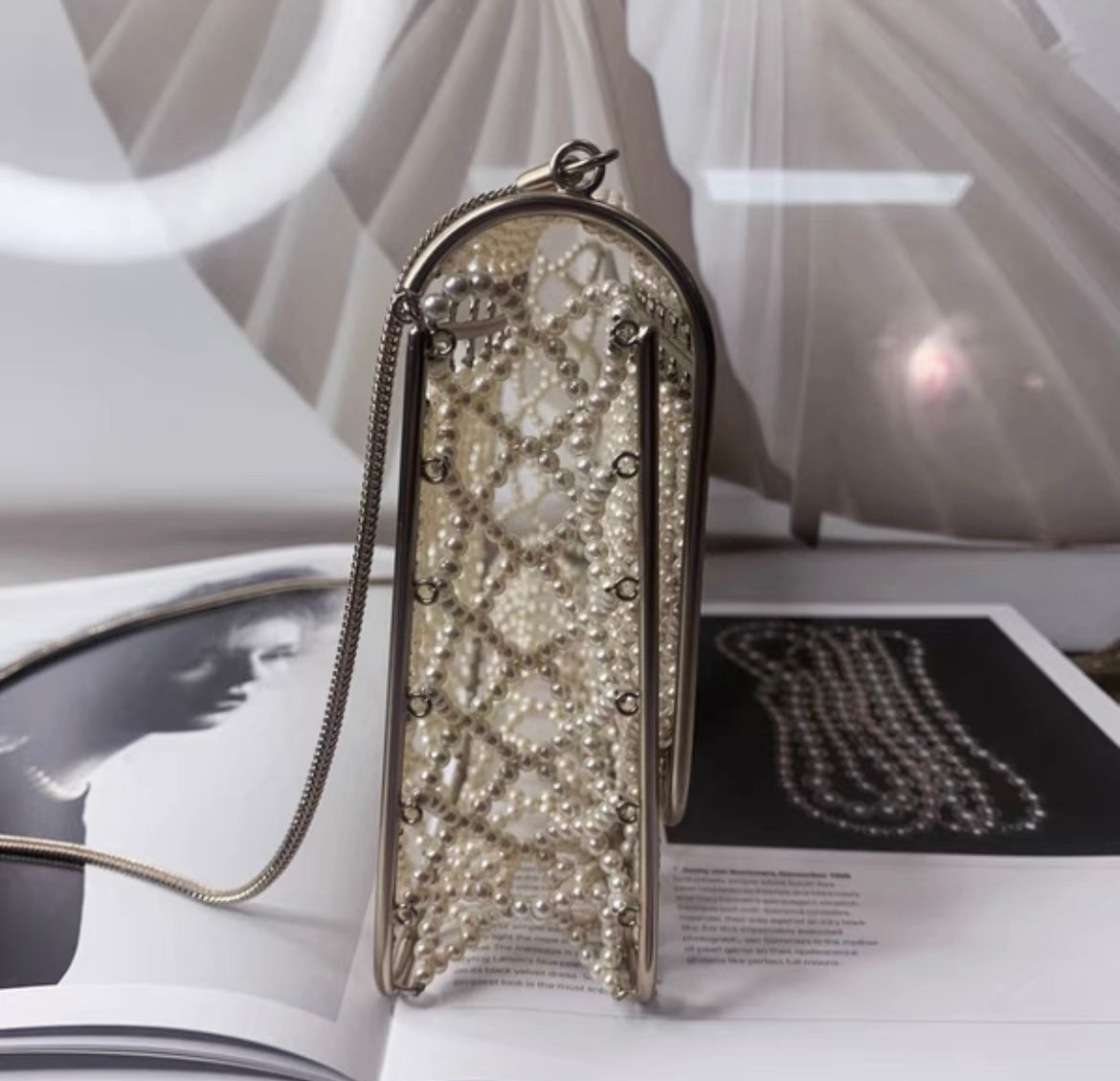 Rare Chanel Pearl Cage Classic Flap Bag Ivory Faux Pearls Silk With Pale Gold-Tone Hardware
